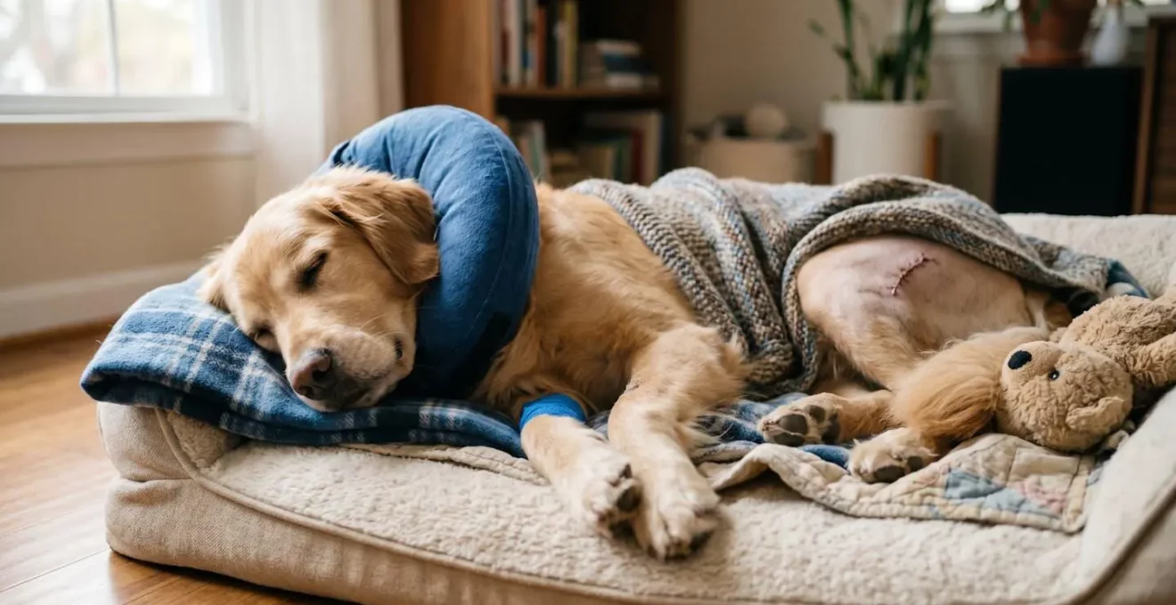 Portrait d'un chien paisible se reposant après une intervention chirurgicale illustrant le soulagement après des mois de douleur chronique