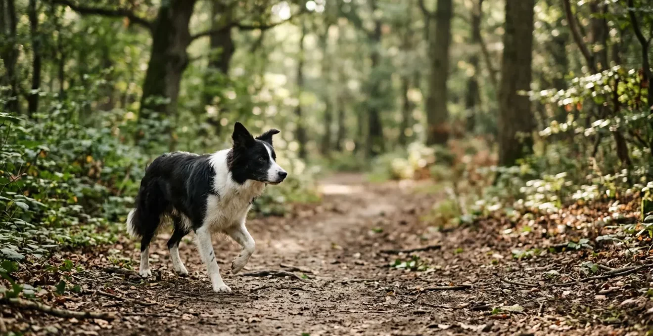 Chien actif en pleine promenade dans un environnement naturel pour prévenir l'obésité