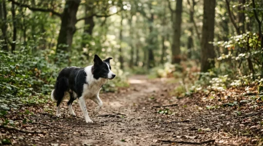 Chien actif en pleine promenade dans un environnement naturel pour prévenir l'obésité
