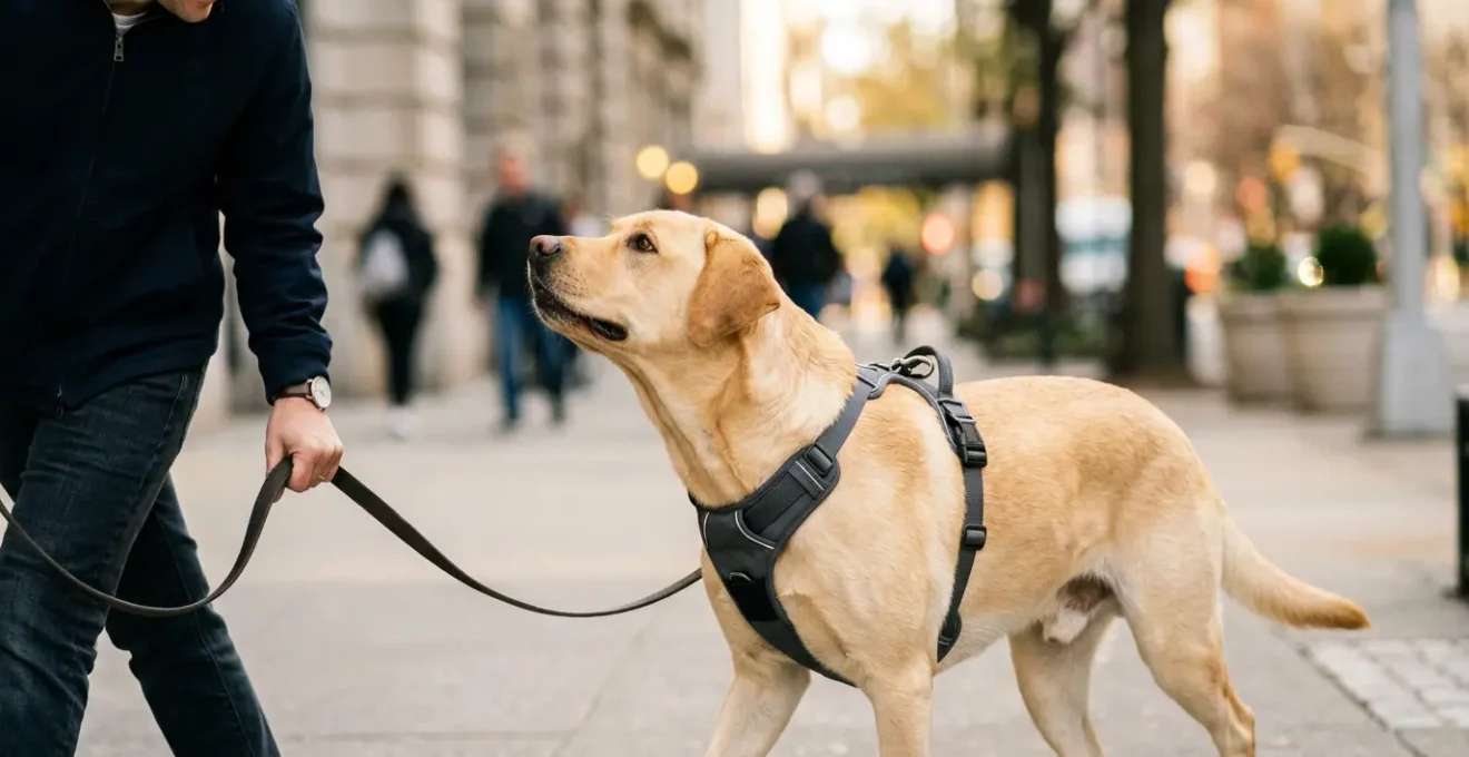 Chien puissant portant un harnais anti-traction lors d'une balade en milieu urbain, illustrant le choix entre confort et contrôle