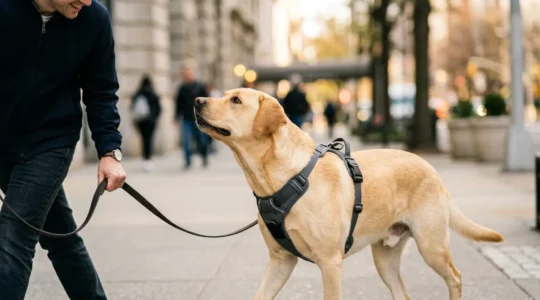 Chien puissant portant un harnais anti-traction lors d'une balade en milieu urbain, illustrant le choix entre confort et contrôle