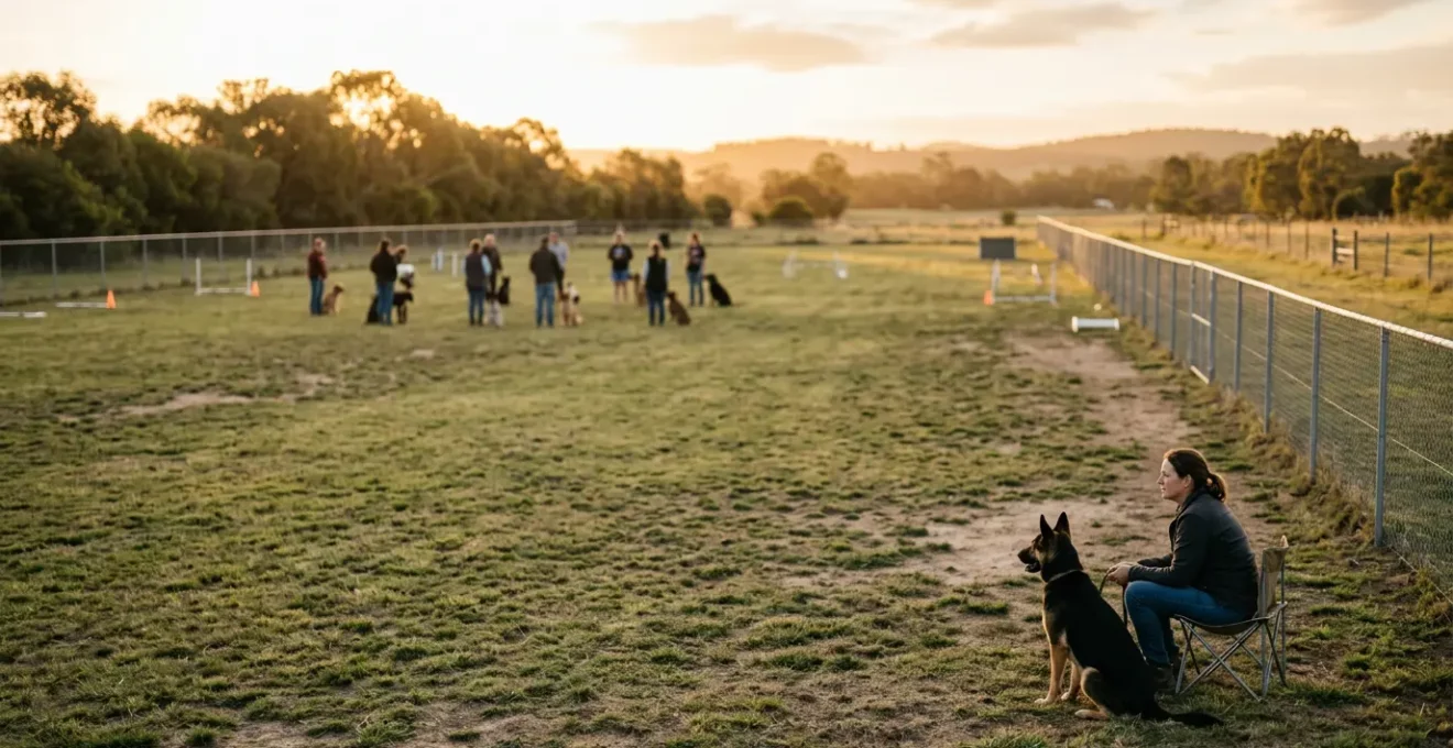 Un chien observant un groupe de chiens en club canin, illustrant la question de l'adaptation pour les chiens réactifs