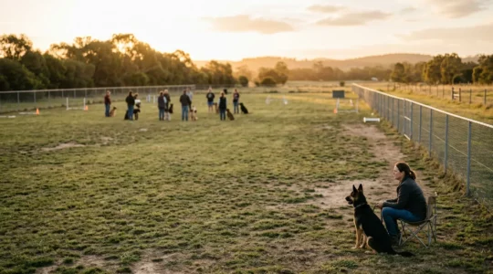 Un chien observant un groupe de chiens en club canin, illustrant la question de l'adaptation pour les chiens réactifs