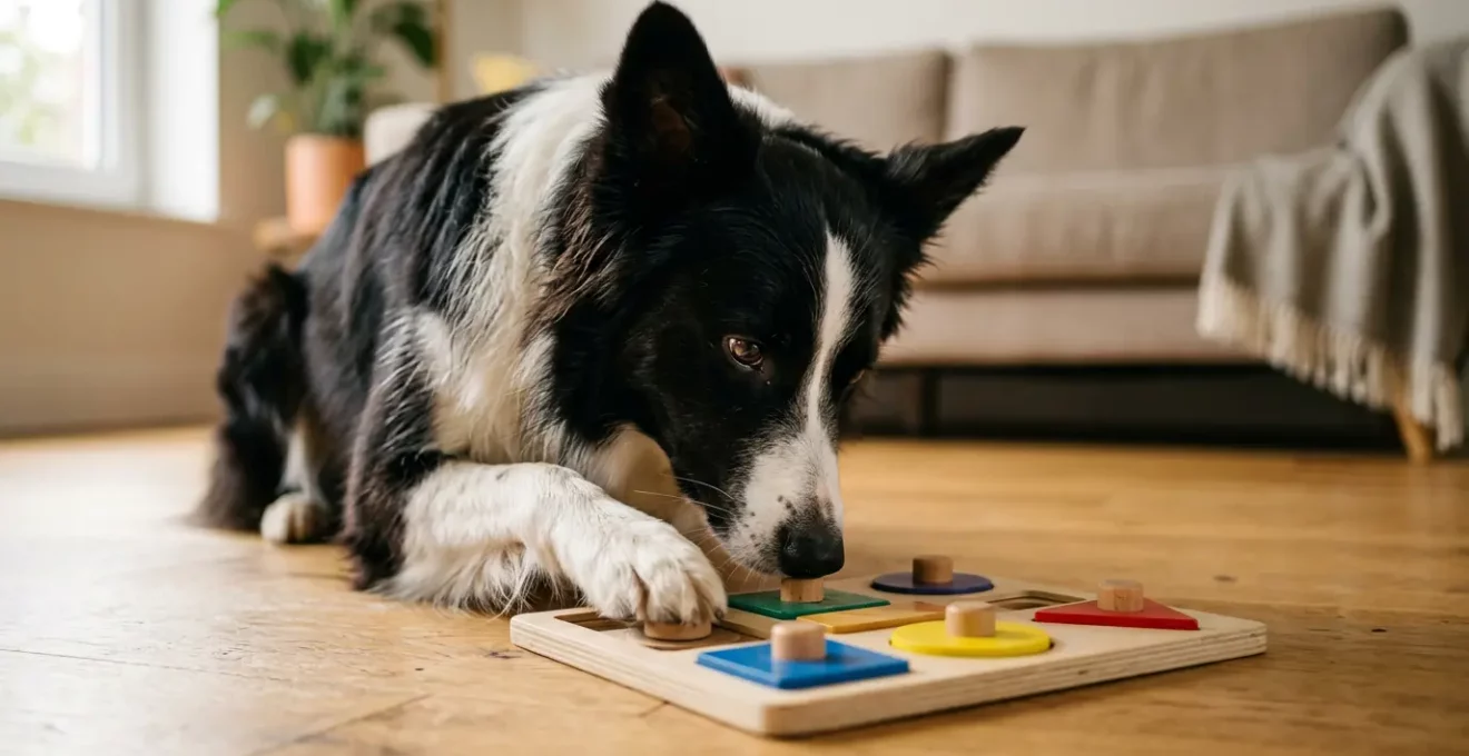 Chien concentré interagissant avec un puzzle de stimulation mentale pour trouver des friandises