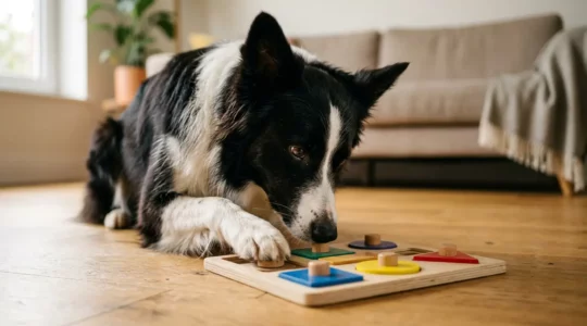 Chien concentré interagissant avec un puzzle de stimulation mentale pour trouver des friandises