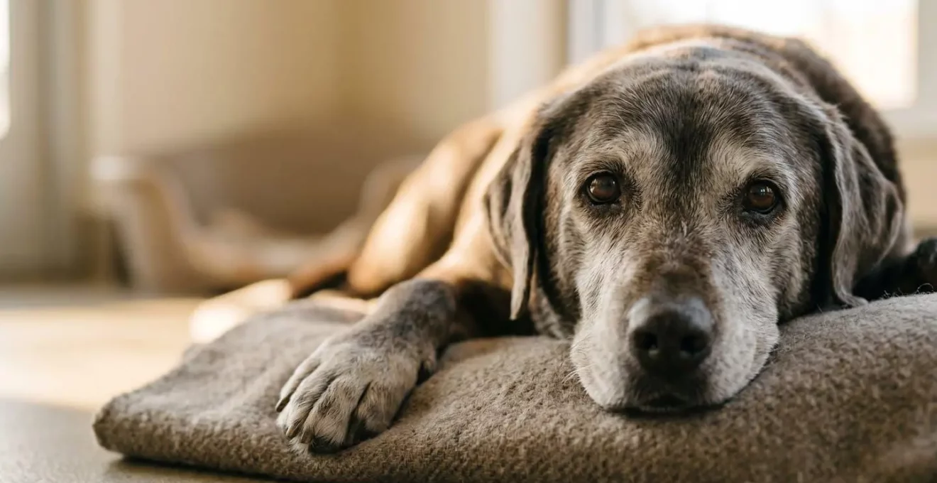 Chien senior au regard paisible attendant son adoption dans un refuge
