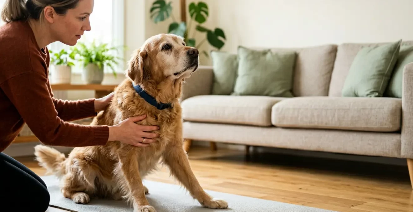 Chien senior pratiquant des exercices de physiothérapie à domicile avec son propriétaire