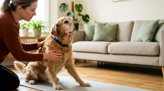 Chien senior pratiquant des exercices de physiothérapie à domicile avec son propriétaire