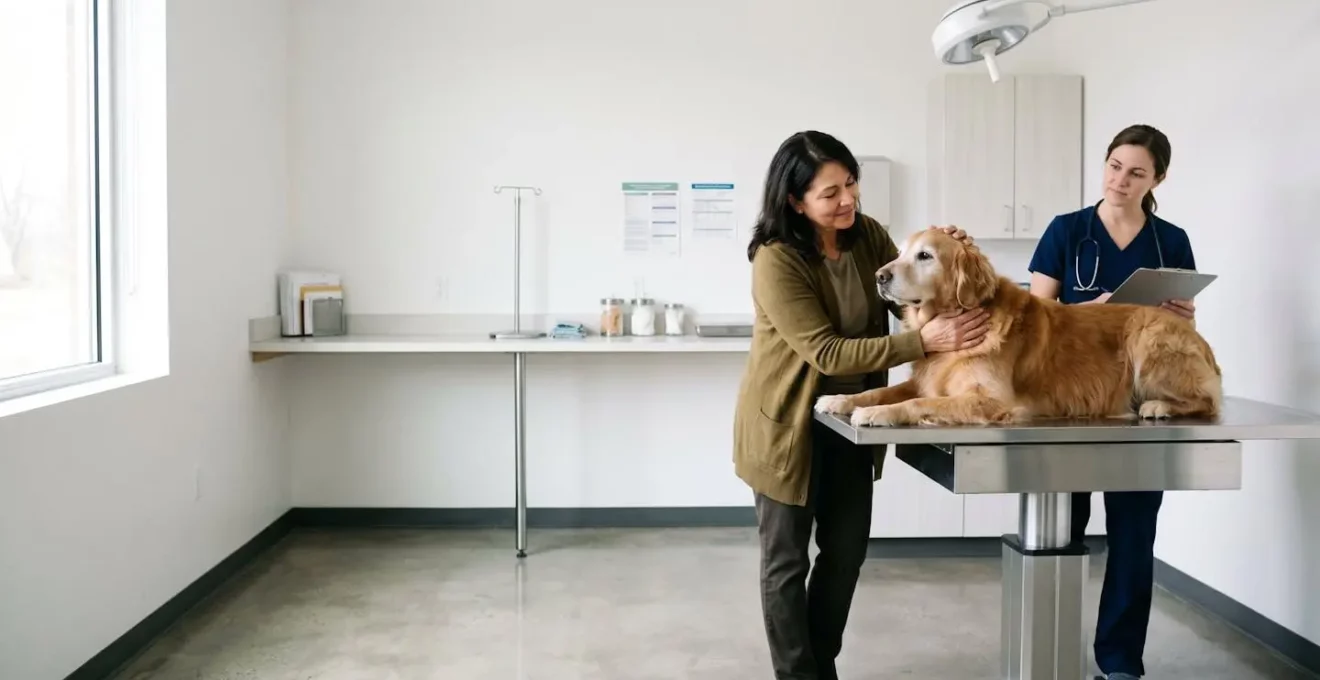 Chien âgé lors d'un examen vétérinaire avec son propriétaire rassurant