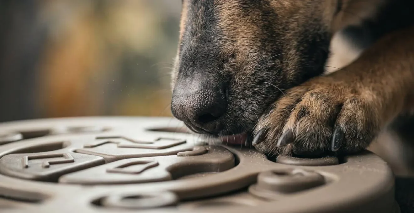 Gros plan sur les pattes et le museau d'un chien interagissant avec un puzzle alimentaire
