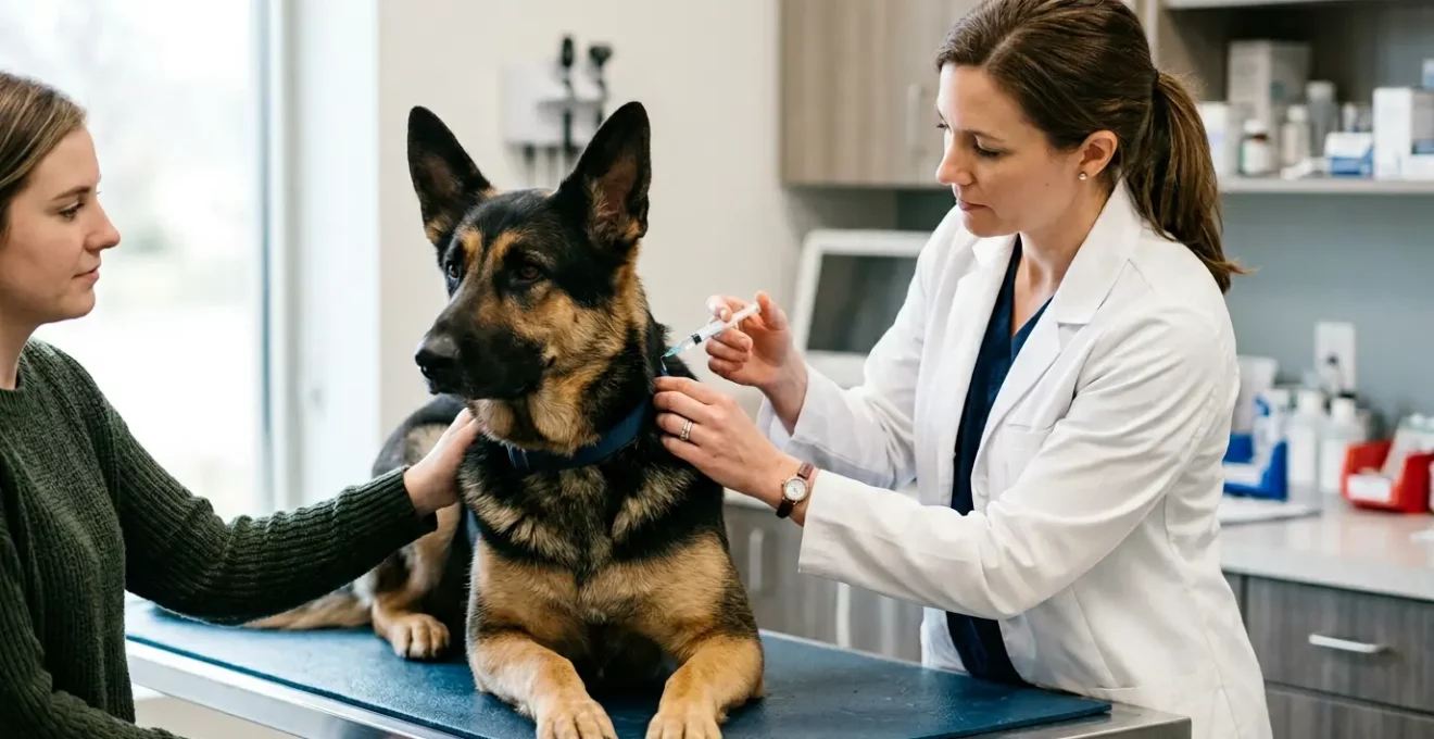 Vétérinaire administrant un vaccin à un chien de race berger allemand dans un cabinet moderne et lumineux