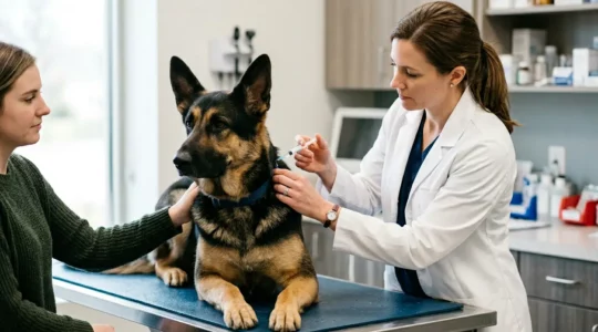 Vétérinaire administrant un vaccin à un chien de race berger allemand dans un cabinet moderne et lumineux