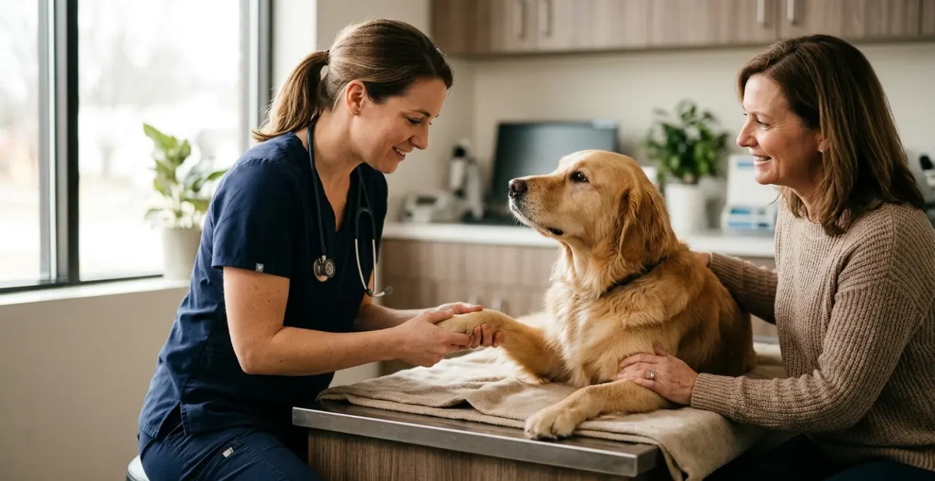 Chien en consultation vétérinaire avec propriétaire attentif et vétérinaire examinant l'animal