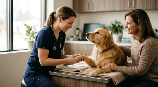 Chien en consultation vétérinaire avec propriétaire attentif et vétérinaire examinant l'animal