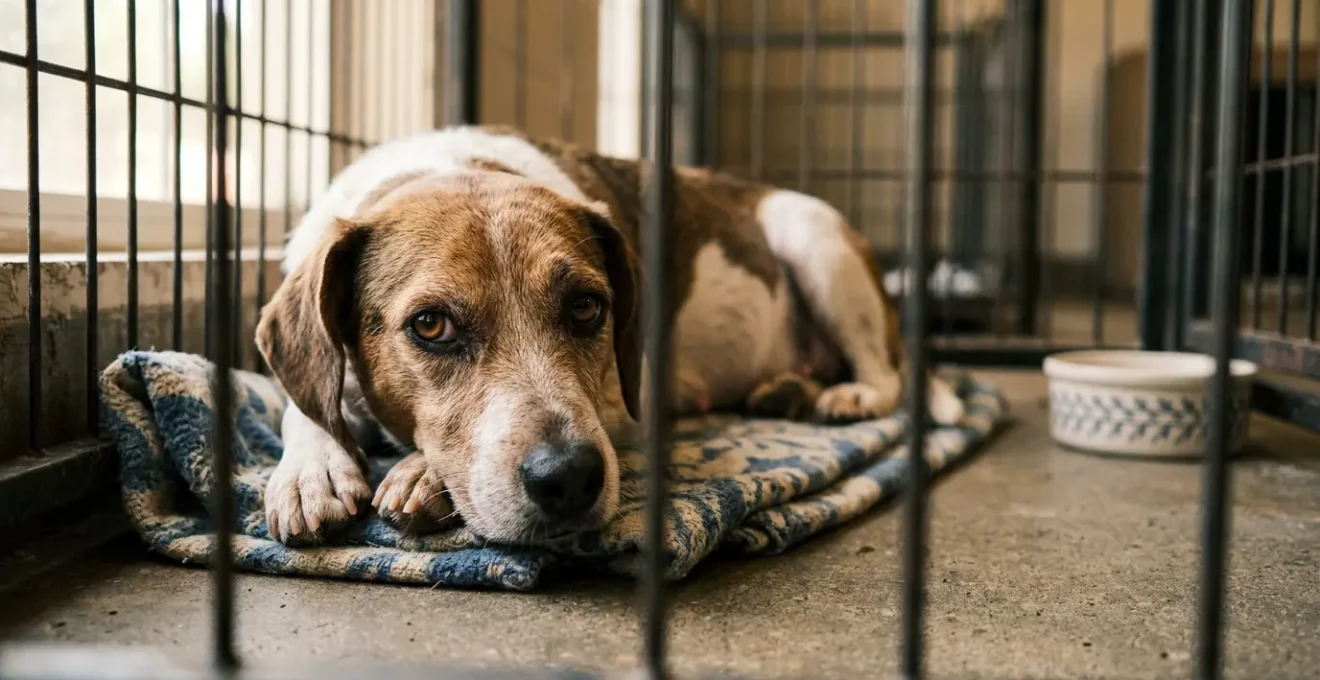 Chienne gestante abandonnée dans un refuge saturé symbolisant la crise des abandons