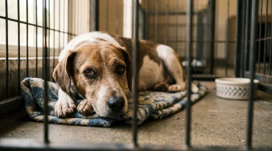 Chienne gestante abandonnée dans un refuge saturé symbolisant la crise des abandons