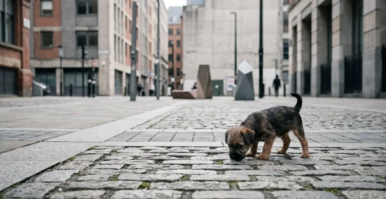 Chiot explorant prudemment un nouvel environnement urbain avec confiance progressive