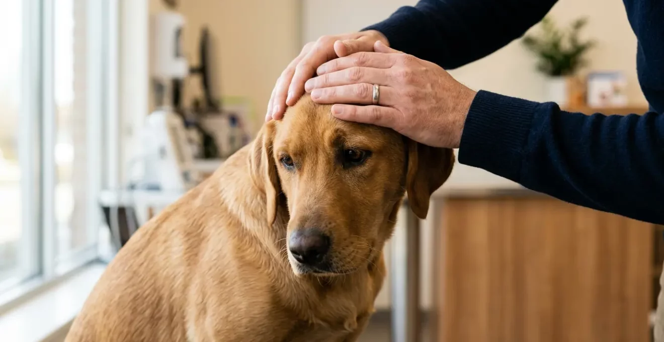 Propriétaire réfléchissant à la décision de stérilisation de son chiot avec documents vétérinaires