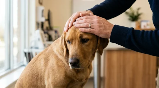 Propriétaire réfléchissant à la décision de stérilisation de son chiot avec documents vétérinaires