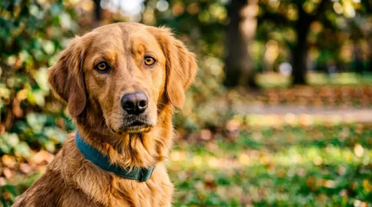 Gros plan sur le cou d'un chien portant un collier plat, illustrant la zone sensible de la trachée et de la thyroïde