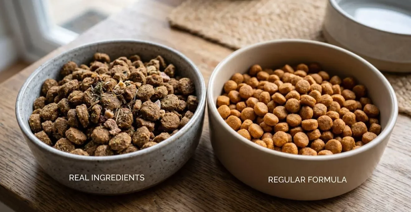 Gros plan sur deux gamelles de croquettes montrant la différence de qualité et texture