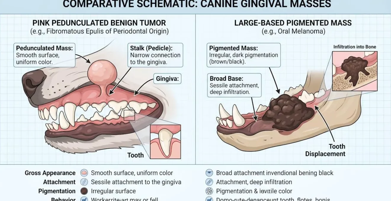 Représentation schématique montrant la différence entre une tumeur bénigne rose pédonculée et une masse pigmentée à base large sur la gencive d'un chien