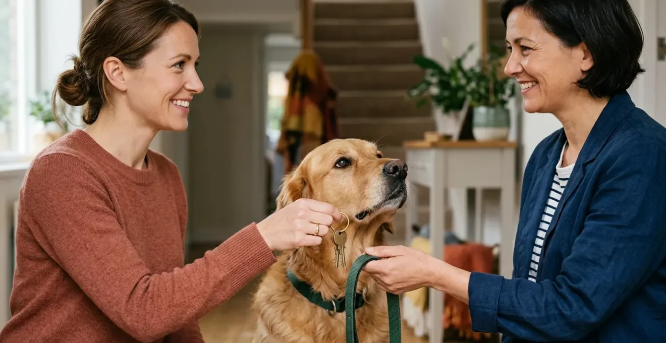 Propriétaire confiant cles maison et laisse chien a gardien professionnel responsable