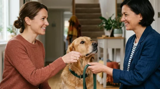 Propriétaire confiant cles maison et laisse chien a gardien professionnel responsable