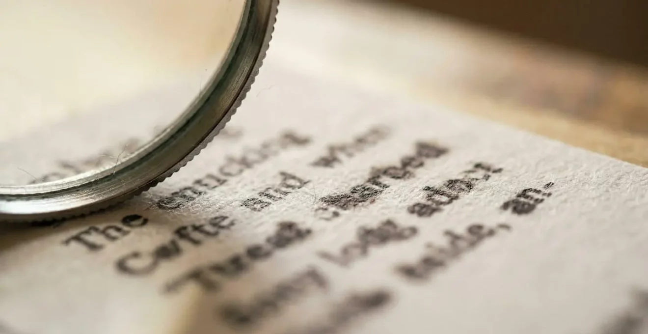 Gros plan macro sur une étiquette de croquettes pour chien avec loupe révélant les ingrédients détaillés