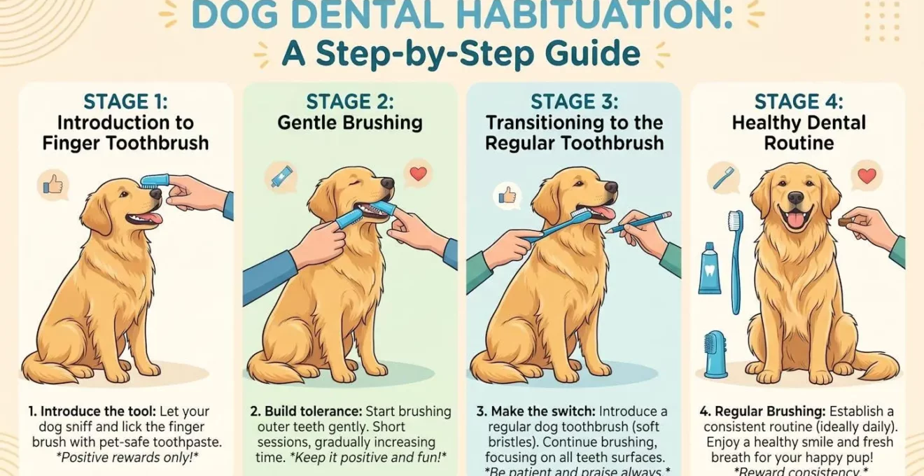Progression du doigtier à la brosse à dents pour l'habituation du chien au brossage
