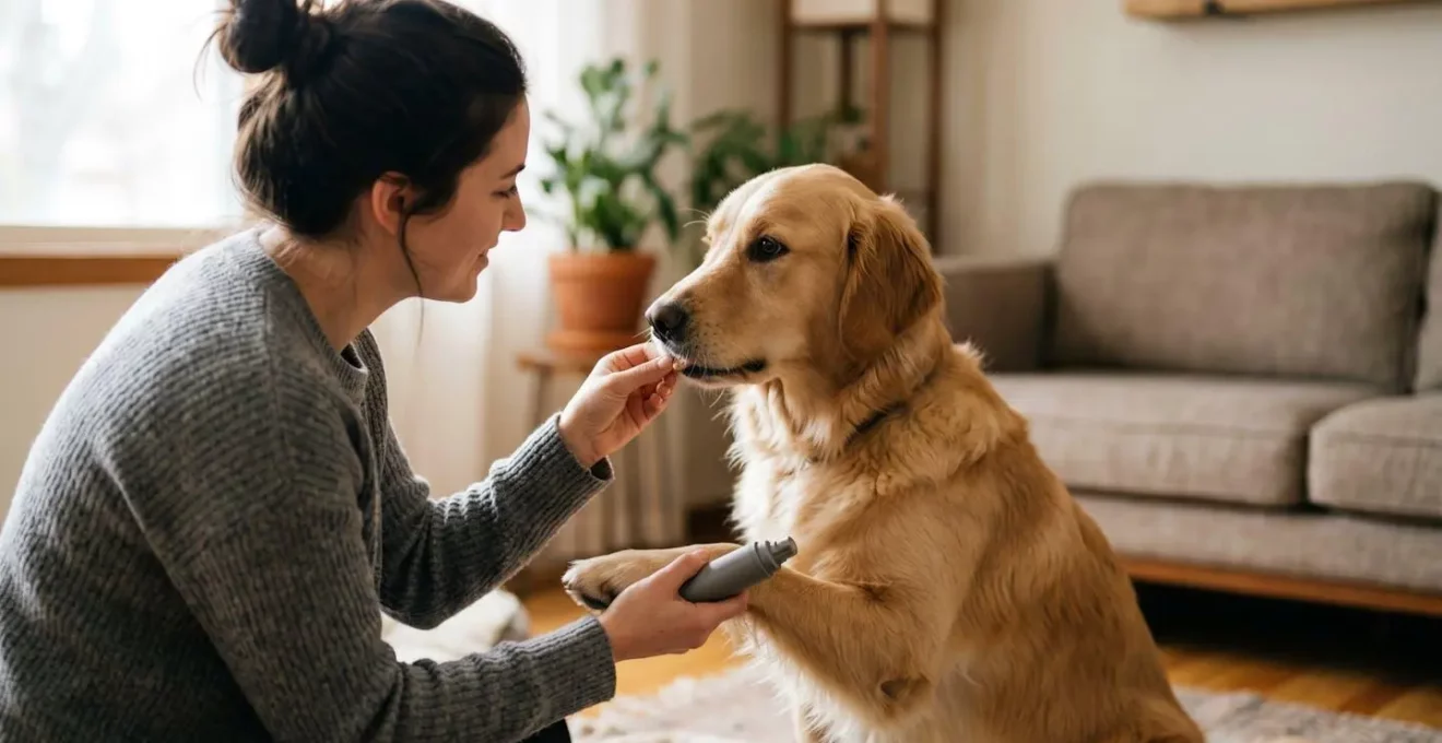 Chien calme recevant une friandise pendant qu'un propriétaire approche progressivement une lime à griffes de sa patte