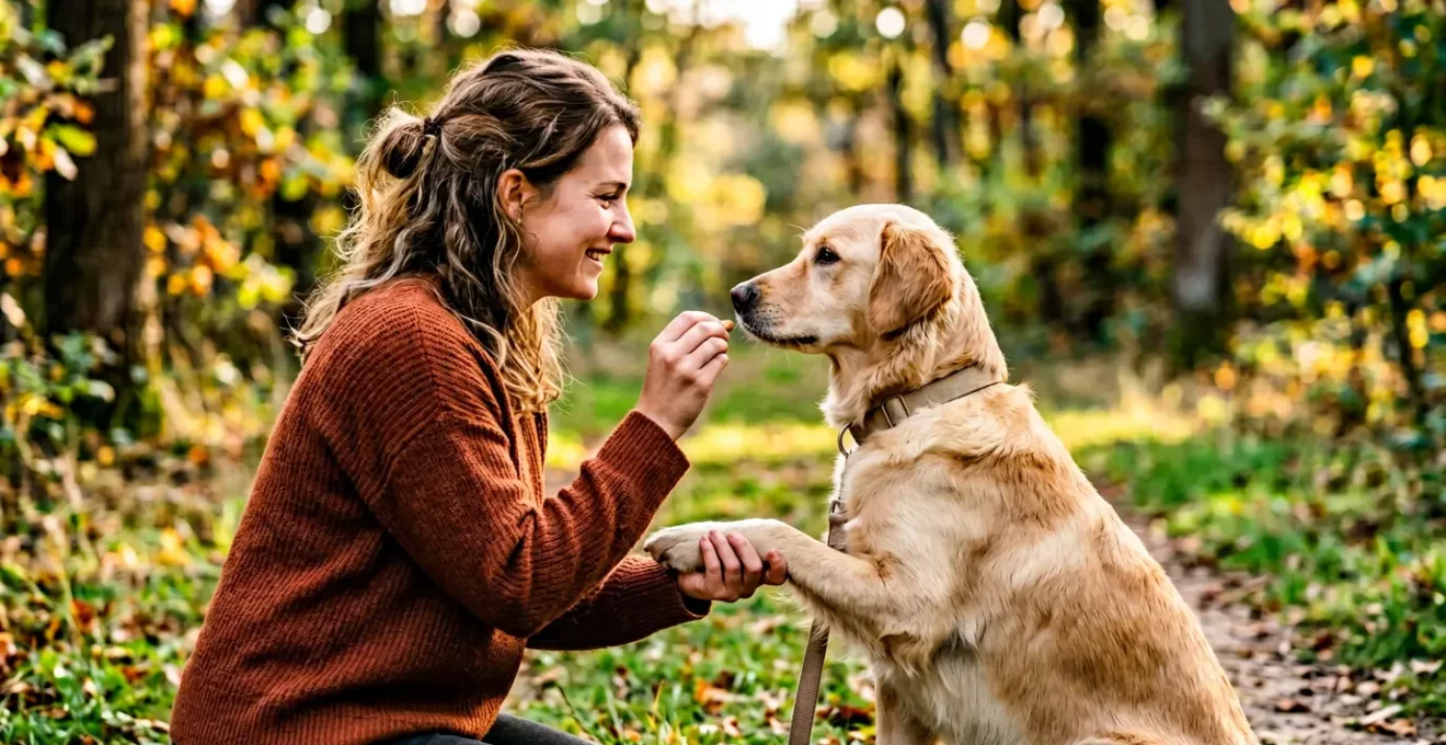 Chien et maître établissant une connexion par le regard lors d'une séance d'éducation positive en extérieur