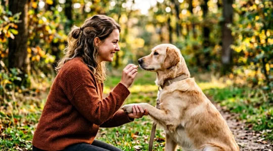 Chien et maître établissant une connexion par le regard lors d'une séance d'éducation positive en extérieur