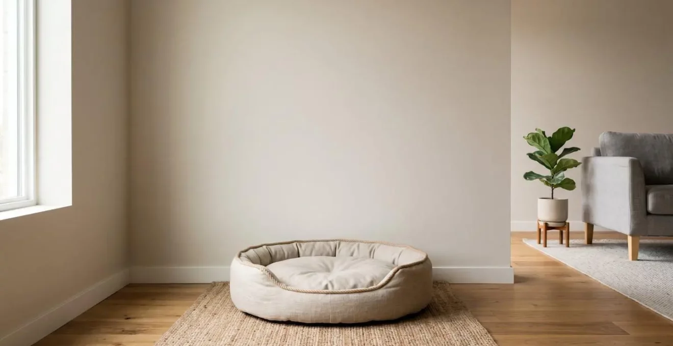 Coin tranquille d'un salon avec panier pour chien placé stratégiquement loin des passages
