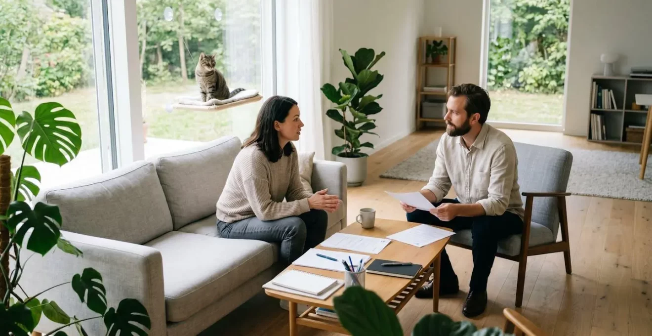 Propriétaire d'animal en entretien approfondi avec un pet-sitter potentiel, documents et références visibles