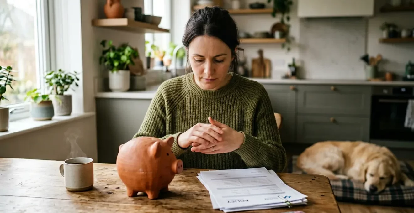 Propriétaire tenant une tirelire et des documents financiers avec son chien en arrière-plan