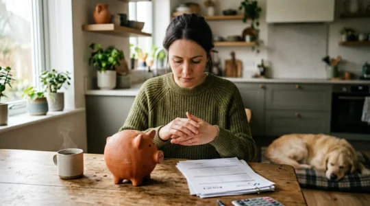 Propriétaire tenant une tirelire et des documents financiers avec son chien en arrière-plan