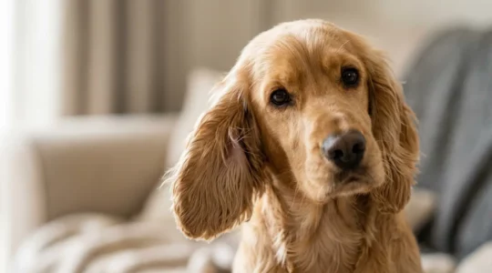 Gros plan sur les oreilles tombantes d'un Cocker Spaniel ou Shih Tzu avec poils visibles