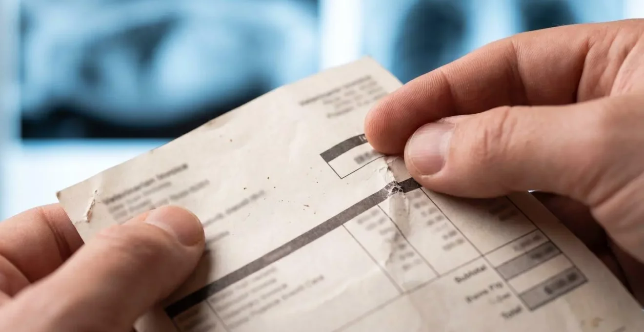 Main tenant une facture vétérinaire détaillée avec calculatrice et radiographies en arrière-plan