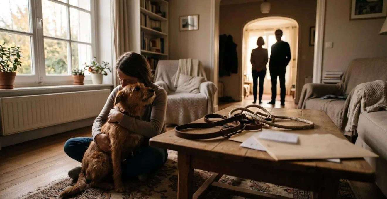 Moment émouvant entre famille d'accueil et chien avant l'adoption, dans un salon chaleureux