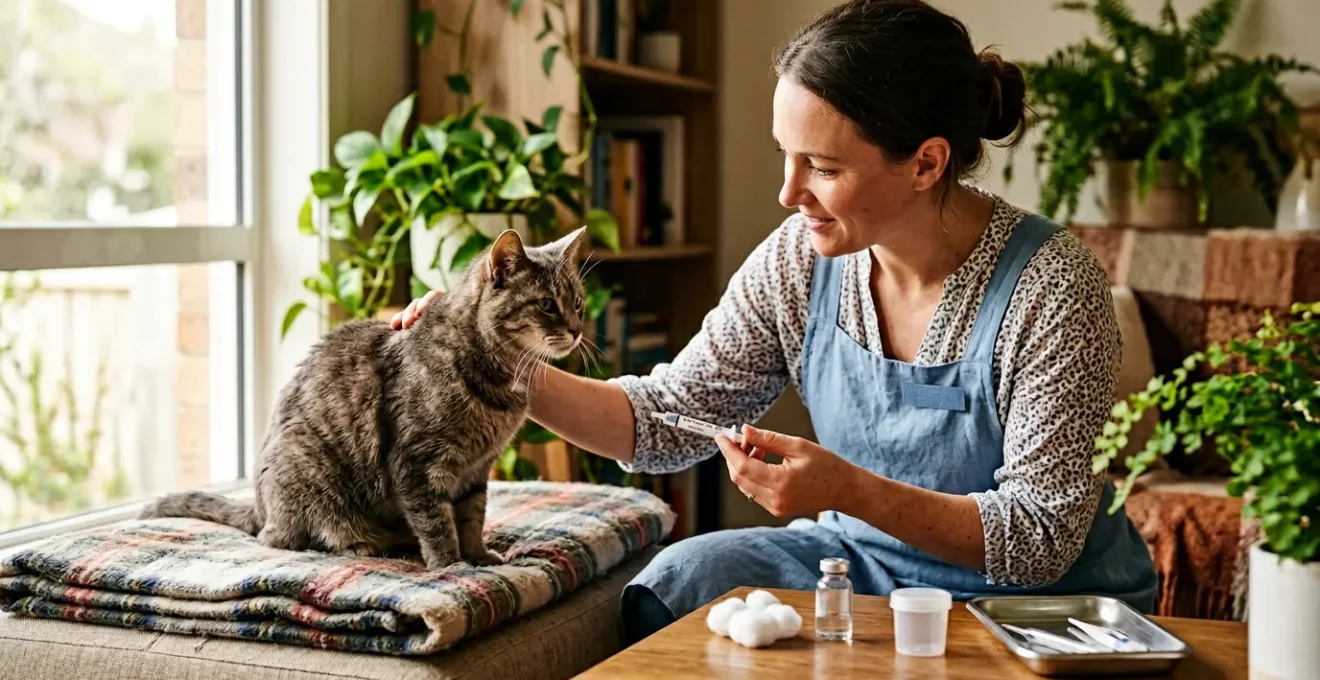 Pet-sitter professionnel administrant avec douceur des soins à un chat dans un environnement domestique chaleureux