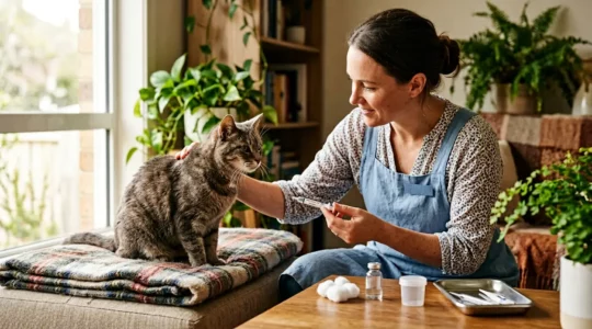 Pet-sitter professionnel administrant avec douceur des soins à un chat dans un environnement domestique chaleureux