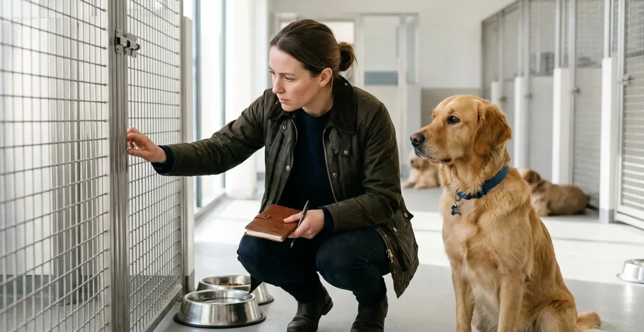 Propriétaire de chien inspectant attentivement une installation de pension canine lors d'une visite préalable