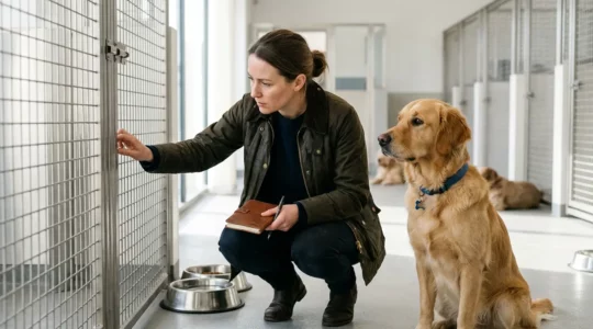 Propriétaire de chien inspectant attentivement une installation de pension canine lors d'une visite préalable