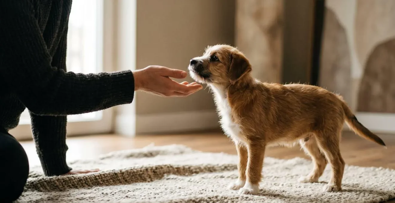 Moment de socialisation réussie entre un chiot et un adulte inconnu dans un cadre sécurisé