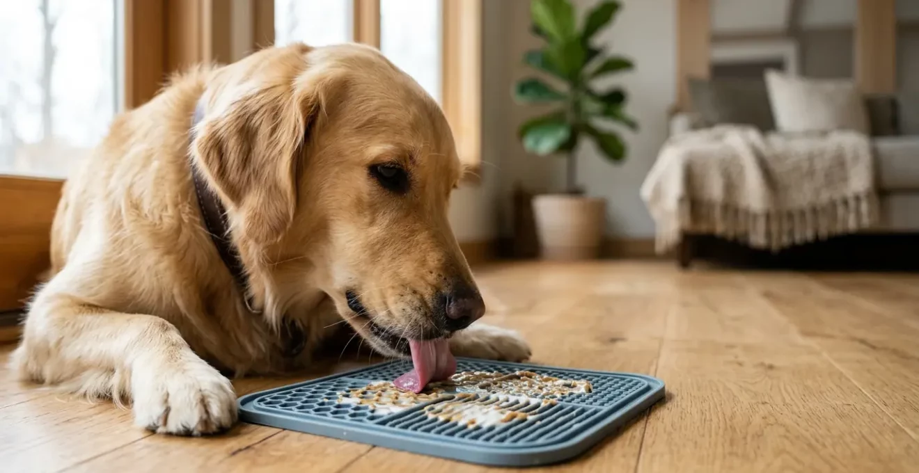Chien concentré léchant un tapis de stimulation pendant l'absence de son maître