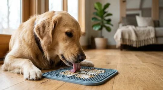Chien concentré léchant un tapis de stimulation pendant l'absence de son maître