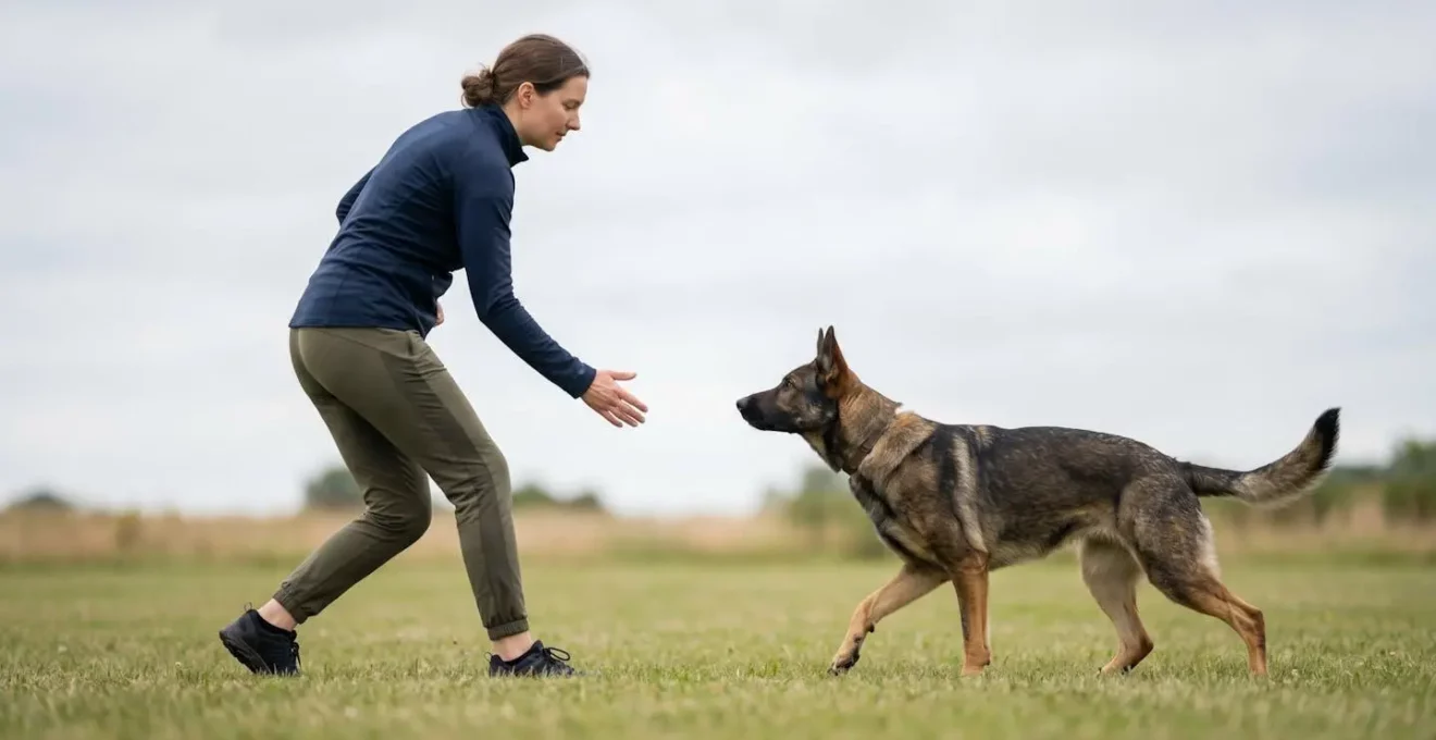 Exercice pratique de communication gestuelle entre maître et chien en agility
