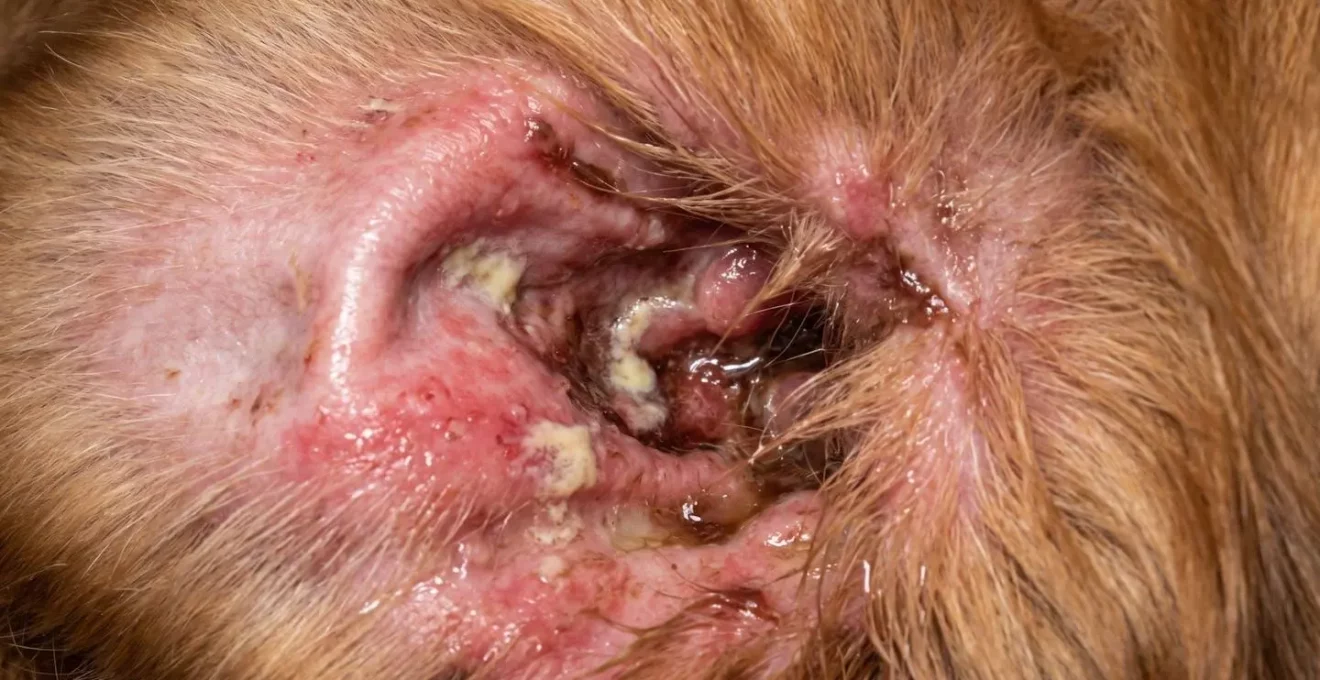 Vue rapprochée macro des parois du conduit auditif d'un chien montrant une surface humide et enflammée illustrant l'environnement favorable à la prolifération fongique