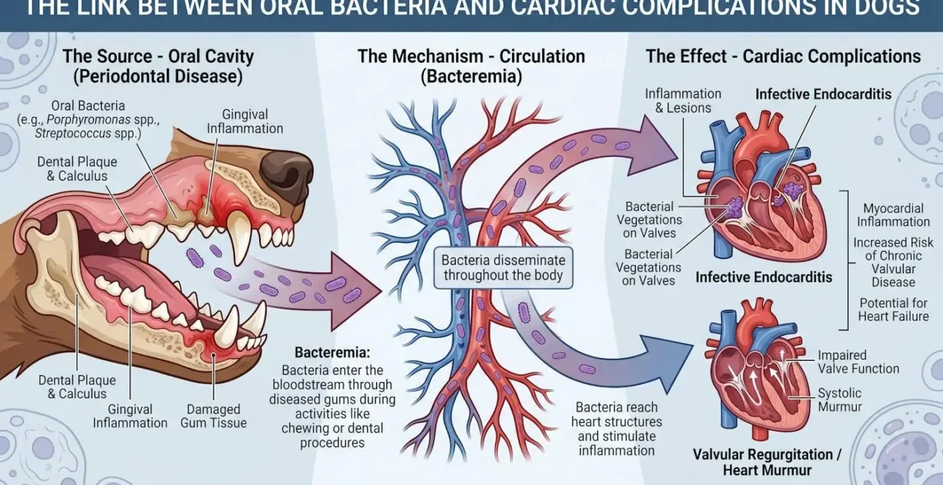 Représentation visuelle du lien entre les bactéries buccales et les complications cardiaques chez le chien